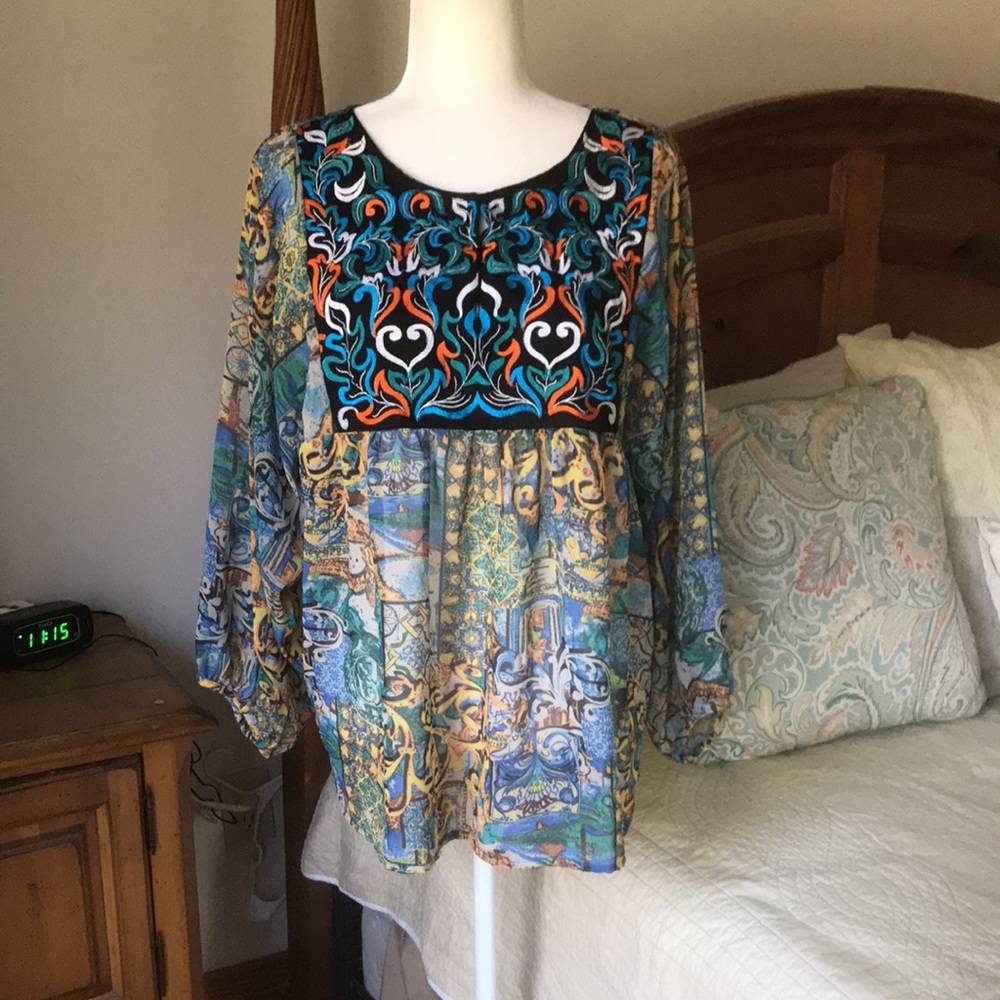 Anthropologie KAS Designs Boho Peasant Print Embroidered Top Size Large